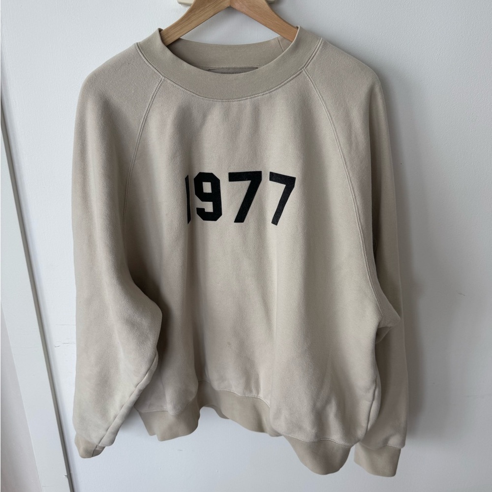 Essentials Beige Crew Neck Sweater with 1977 Design